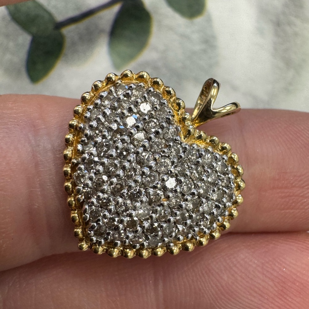 14K yellow gold and diamonds pavè heart Pendant 3.9g - Picture 11 of 15